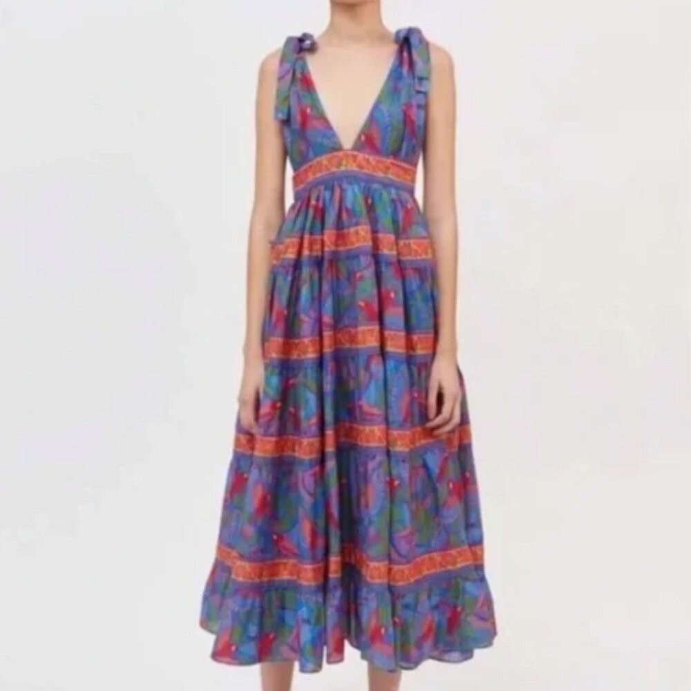 NWT House of Harlow 1960 Blue Macaw Flight Parrot Floral Linen Midi Dress XS